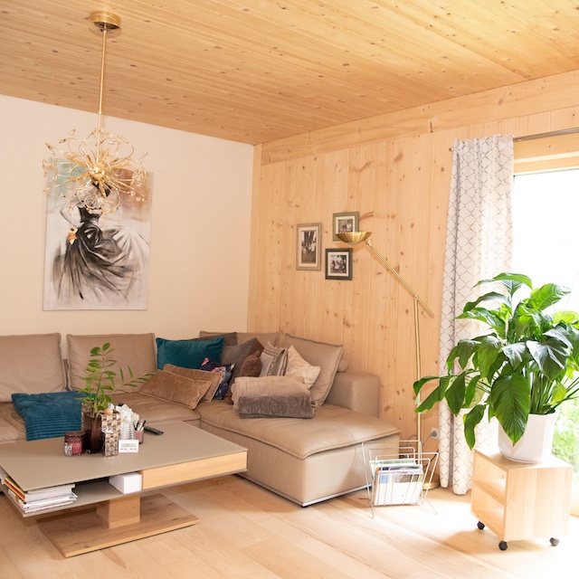 Wohnzimmer mit heller Holzwand rechts und großem grauen Sofa
