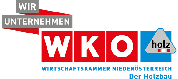 Logo: Zukunft. Gemeinsam. Unternehmen. WKO - Wirtschaftskammer Niederösterreich. Der Holzbau